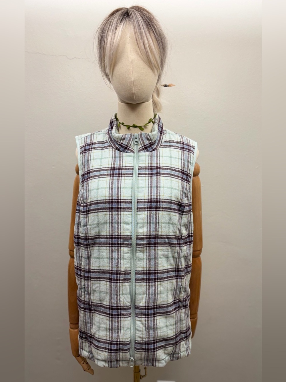 J.Jill Plaid Quilted Fleece Lined Vest Full Zip Mint Green Size Large
